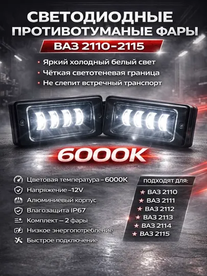 Противотуманные LED фары ВАЗ 2110–2115 12V комп 2 шт, ПТФ ВАЗ 2110,2114, LED фары Lada 2115