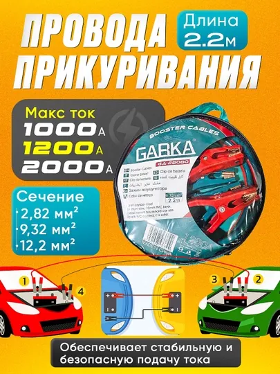 Провода прикуривания, автомобильные, для машин, Garka, 2 м