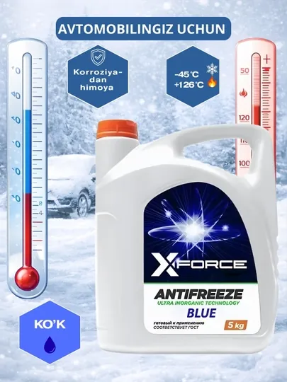 Антифриз X-FORCE Blue, диапазон температур от –45°C до +128°C
