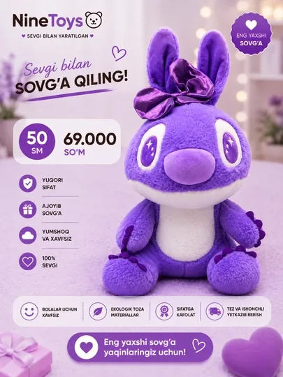 Мягкая игрушка фиолетовый зайчик подарок для девочки плюшевый зайка детям