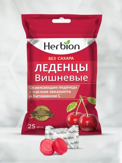 Леденцы Herbion, без сахара, вишневый вкус, масло эвкалипта и витамин C, 25 шт