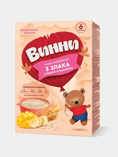Молочная каша Винни, 3 злака с манго и бананом, 200 гр