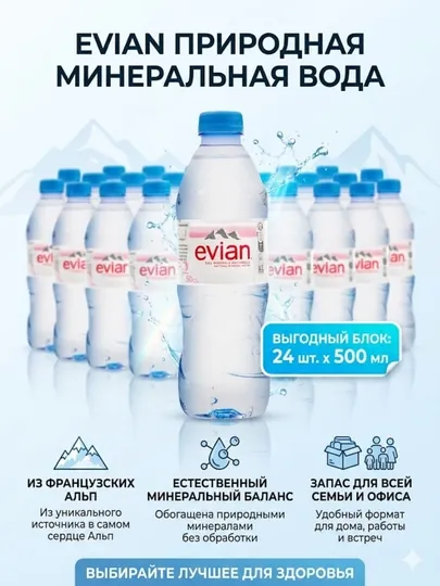 Природная минеральная вода Evian, 500 мл (упаковка 24 шт.)