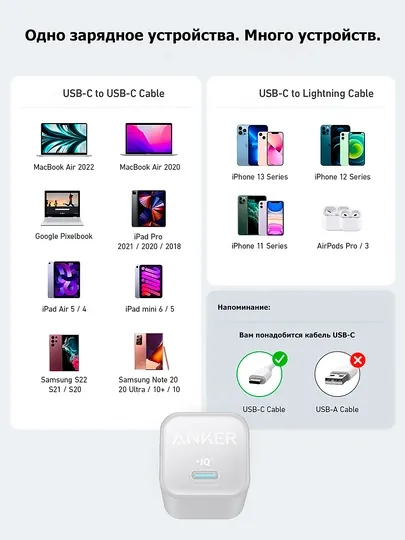 Зарядное устройство Anker Zolo 20W для IPhone, Samsung и других смартфонов, кабель Type-C