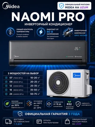 Кондиционер Midea NAOMI, инвертор, R32, до –15 °C на обогрев