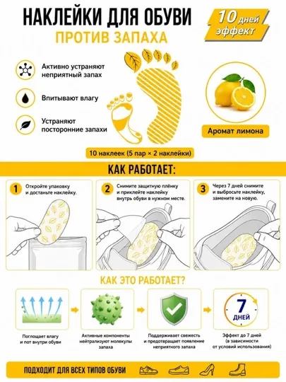 Антибактериальные стикеры для обуви Shoe Deodorizer, 10 шт