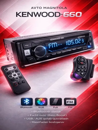 Автомагнитола KENWOOD-660/1555 2 пульта управления, Bluetooth, AUX, MP3, USB, FM-радио