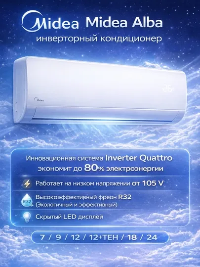 Кондиционер Midea инверторный, R32, охлаждение и обогрев, до –15 °C на обогрев