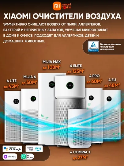 Очиститель воздуха Xiaomi с HEPA-фильтр, PM2.5, Smart, 27–125 м²,  защита от аллергенов