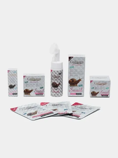 Набор Collagen для лица: крем для лица, база под макияж, патчи, пенка + 3 маски в подарок