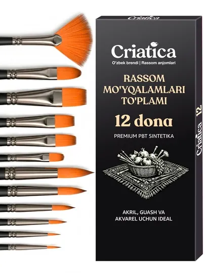Кисти для рисования CRIATICA, набор 12 шт, PBT синтетика акрил, гуашь, акварель