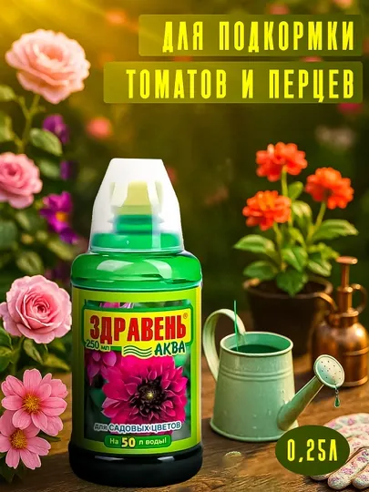Минеральное удобрение «Здравень Аква для садовых цветов», бутылка с мерным стаканом, 0,25л