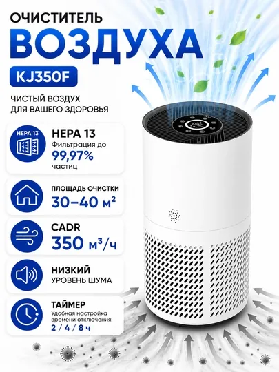 Очиститель воздуха KJ350F,HEPA 13, 30-40 м², CADR 350 м³/ч, низкий уровень шума, таймер