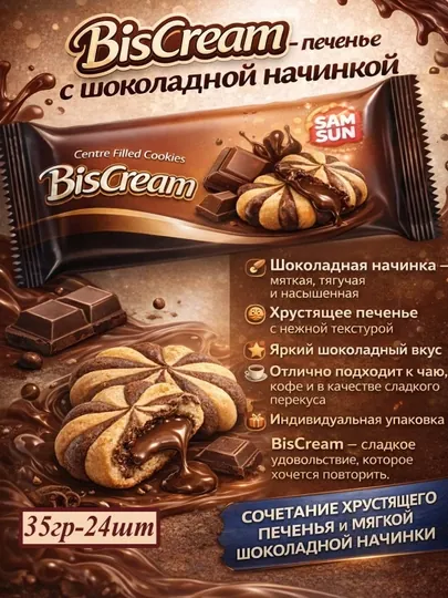"Biscream" печенье с какао и с шоколадной начинкой