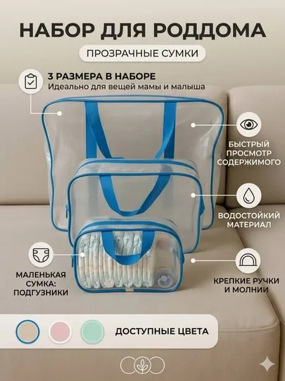 Сумки в роддом для беременных, матово-прозрачные, водонепроницаемые, 3 шт — DILMAR2-CXC-ЛАЗУР