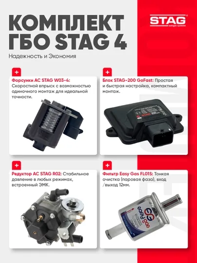 Комплект ГБО STAG 4 поколения, форсунки W03-4, STAG-200 GoFast, редуктор R02