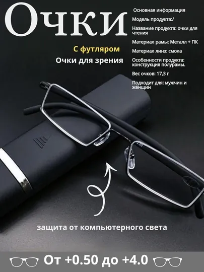 Готовые очки для зрения и для чтения, с футляром для хранения очков, +0,50 до +4,00