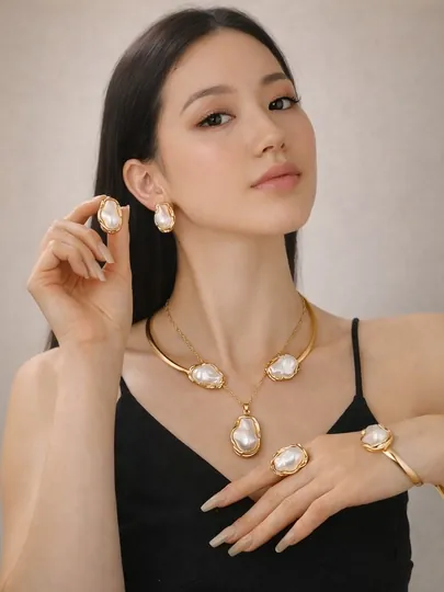Бижутерный набор VAN CLEEF: кольцо, серьги, чокер, цепочка, браслет, набор украшений — 161098-KOMPLEKT-БЕЖЕВ