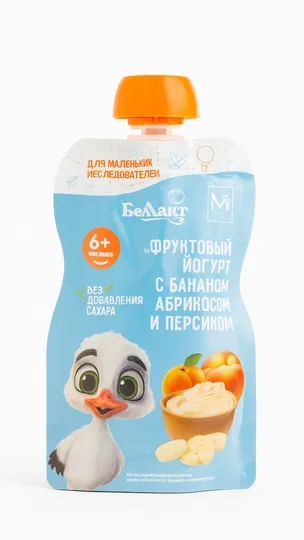 Беллакт пюре фруктовое с йогуртом с бананом, абрикосом и персиком, 90 г, 6 месяцев