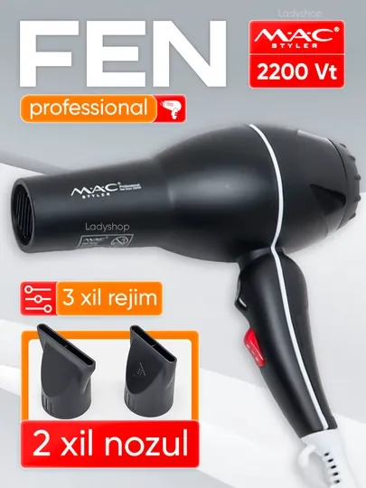 Фен для волос MAC Styler 2200 Вт, профессиональный, 3 режима, 2 насадки