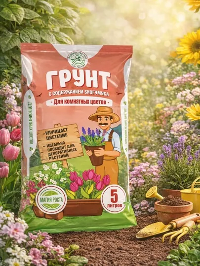 Грунт с биогумусом для комнатных цветов «Магия роста», 5 литров