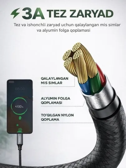 USB → Type-C кабель для передачи данных 3 А, 1 м, быстрая зарядка 480 Мбит/с