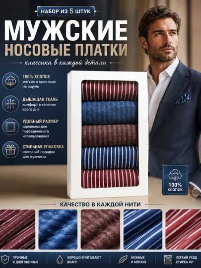Набор мужских носовых платков, 3 в 1, разные цвета, 100% хлопок 39x39 см