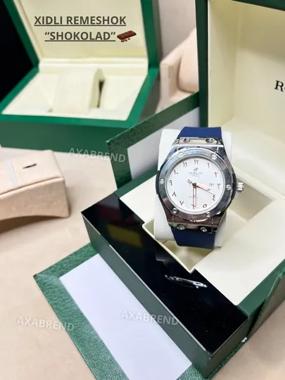 Часы Hublot мужские ремешок с запахом "шоколад" с индикатором даты в подарочной коробке — CLEANNE-NEWHUBLOTXIDLI-СИНМЕЛ