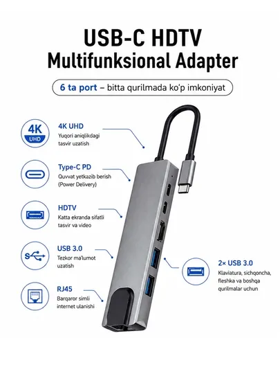 Многофункциональный адаптер USB Type-C 6 в 1 для HDTV, RJ45 USB 3.0 PD 4K