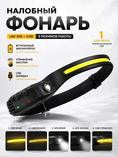 Налобный фонарь LED с датчиком движения, 5 режимов, влагозащита IPX4, до 8 часов работы — ADOKON-FONARIPX4-ЧЕРНСТЕ
