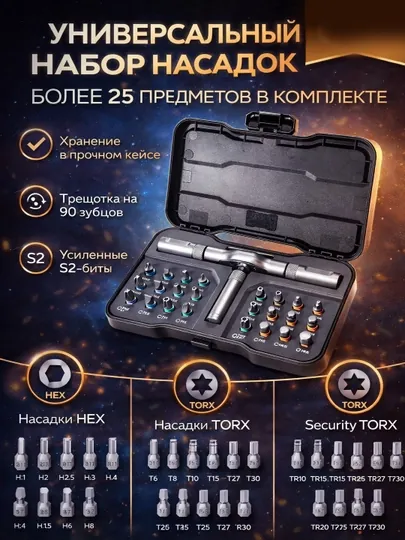 Универсальный набор инструментов с трещоткой — биты HEX TORX PH SL, 25+ предметов, кейс