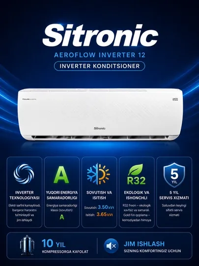 Кондиционер Sitronic 12 aeroflow, инвертор + тен, 36 кв