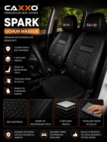 Авточехлы CAXXO для Chevrolet Spark, комплект чехлов на сиденья, экокожа — CAXXO-SPARK-ЧЕРНСТЕ