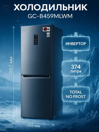 Холодильник LG GC-B459MLWM, 374 литра, INVERTER, Door Cooling +, Total No Frost
