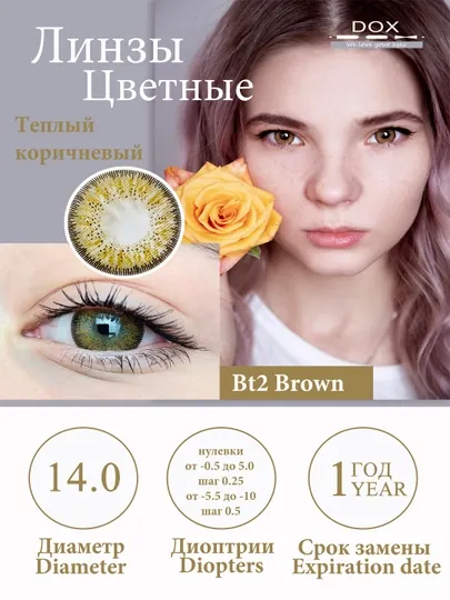 BT2 BROWN -9.50 Контактные линзы для зрения, медово-коричневый, BC 8.6, DIA 14.0, 12 месяцев