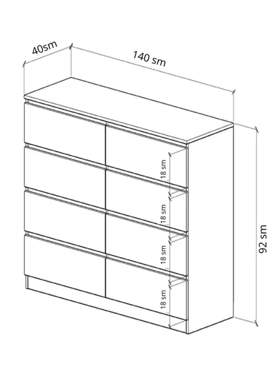Комод на 8 ящиков, без ручек от Martin 141x92x40 — SIFATMB-KOMODBEZRUCH1401-ХРОМ
