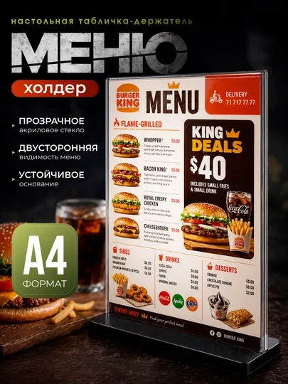 Меню холдер A4 / A5 акриловый настольный, подставка для меню, прайсов и рекламных табличек