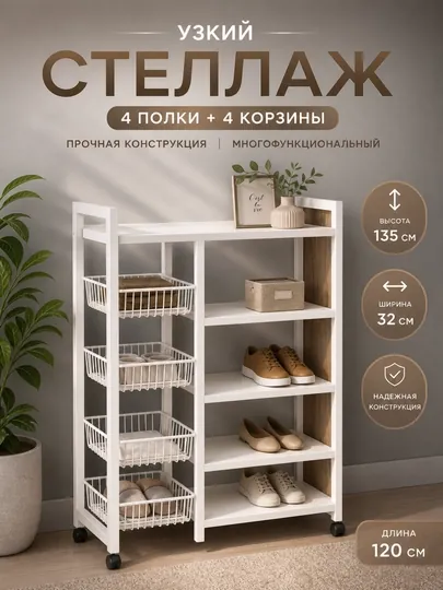 Стеллаж этажерка с корзинами полка для кухни на колесах