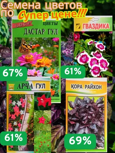 Семена цветов Aстры, Mожжевельника, Бузины, Ромашки, Гвоздики, Черного Базилика, Вербены