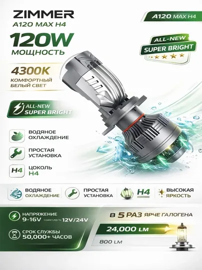 Автомобильные LED лампы Zimmer A120 MAX 120W 4300K, яркие, комплект