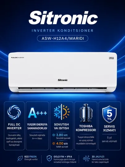 Кондиционер Sitronic 12 venturi, инвертор + тен, 36 кв