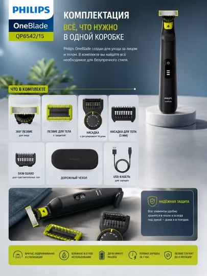 Philips триммер для лица Philips OneBlade Pro 360 QP6542/15, черный