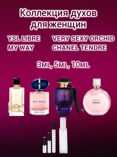 Коллекция духов для женщин YSL Libre, My Way, Very Sexy Orchid, Chanel Chance Tendre