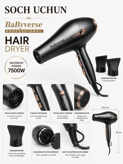 Фен для волос с насадками профессиональный Это профессиональный фен BaByverse BA-6635 — UZOSH-DZ10
