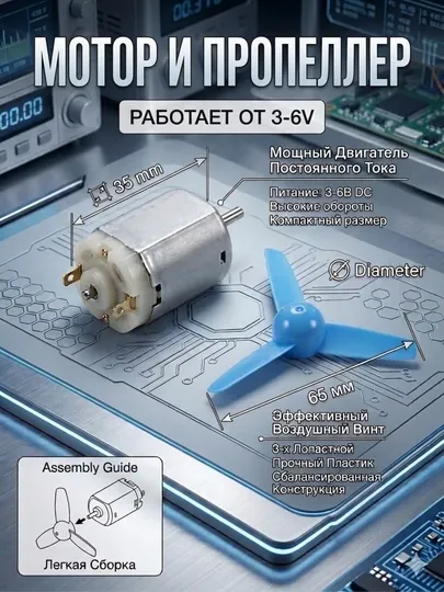 Мотор 3–6В DC с пропеллером 65 мм, мини электродвигатель для DIY проектов
