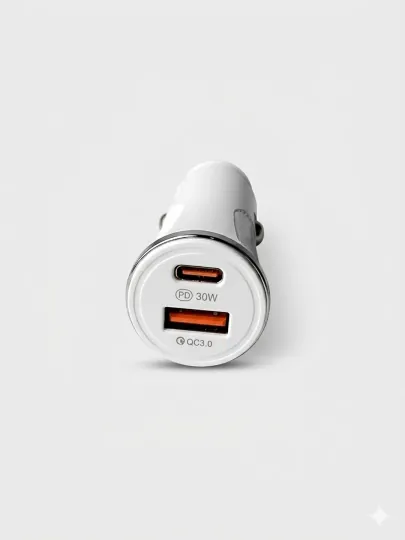 Автозарядка 2 порта PD 30W Type-C + QC3.0 USB-A, белый/черный