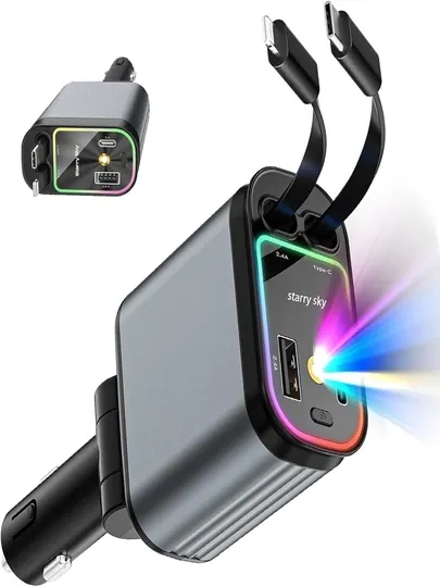 Зарядное устройство, для авто, с кабелем и звёздное небо, USB Type-C, Lightning, 12В